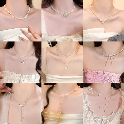 Collier Elégant en Alliage de Zinc avec Perles Artificielles Strass Fleur Douce Chaîne de Clavicule à Gland pour Femme Bijoux