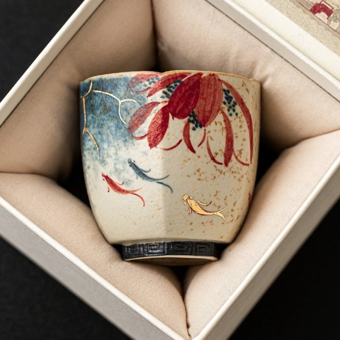 Tazza Da Tè In Ceramica Dipinta A Mano Esagonale Con Motivo Di Loto E Pesci Koi Dettagli Dorati Kung Fu Tradizionale