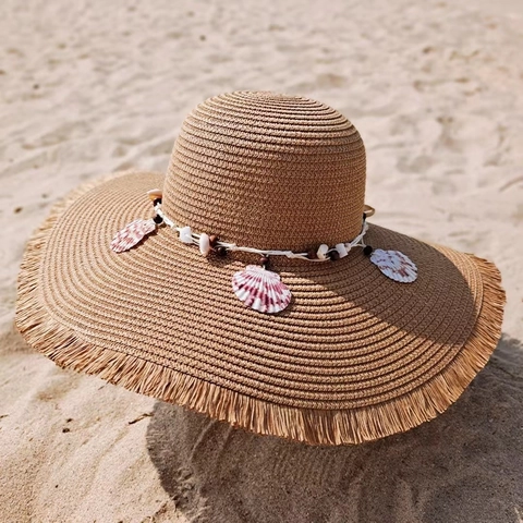 Sombrero De Sol De Paja De Ala Ancha Con Conchas Y Cuentas De Madera Plegable Estilo Vacaciones Playa Para Mujeres