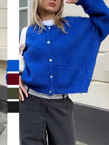 Cardigan En Tricot Pour Femmes Col Rond Boutonné Manches Longues Peluche Chaud Pull Décontracté