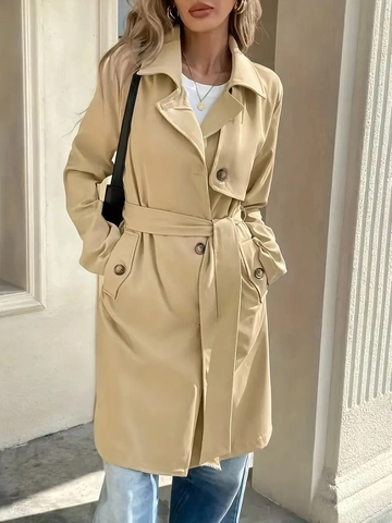 Damen Langer Trenchcoat Polyester Einreihig Mit Gürtel Taschen Revers Elegant Casual Outerwear Jacke