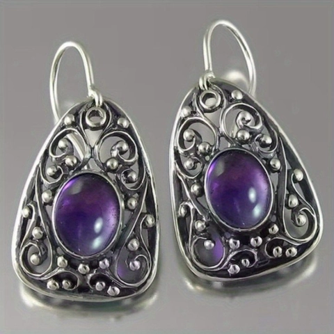 Vintage Ethnic Hollow Carved Earrings Metal Alloy Inlaid With Purple Gemstone Retro Bohemian Jewelry For Women Unique