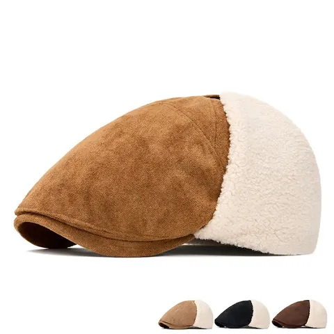 Berretto Newsboy Inverno Caldo Scamosciato Lana Agnello Protezione Orecchie Berretto Piatto Regolabile Retrò