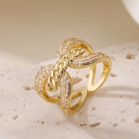 Kupfer 18K Vergoldet Zirkon Offener Ring Geometrisch Gedrehtes Knotendesign Verstellbarer Modeschmuck Für Frauen