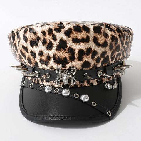 Boina Punk Con Estampado De Leopardo Ala De Cuero PU Pinchos De Metal Y Colgante De Araña Estilo Gótico Hip Hop Para Mujer