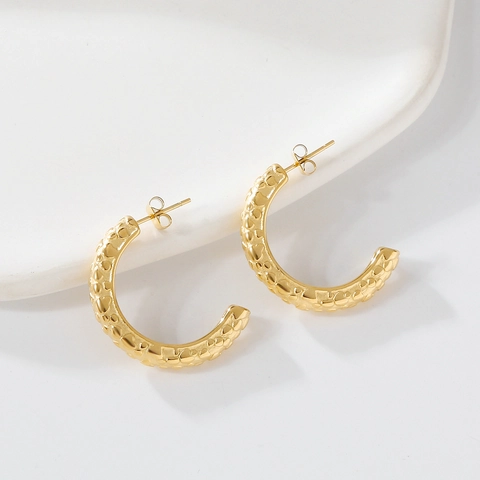 Pendientes de Aro en Forma de C de Acero Inoxidable para Mujer Textura Martillada Chapado en Oro de 18K Joyería