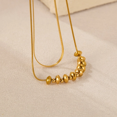 Collar De Capas Acero Inoxidable Chapado En Oro Cadena De Serpiente Cuentas Metálicas Joyería De Moda Retro Para Mujeres