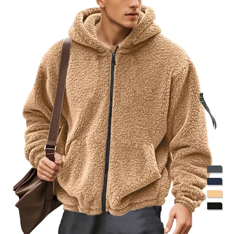 Giacca Con Cappuccio E Zip Da Uomo Pile Sherpa Spesso Caldo Abbigliamento Invernale Tinta Unita Casual