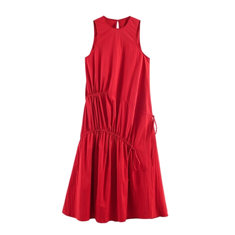 Vestito Midi Senza Maniche Girocollo Arricciato Laterale Coulisse Fiocco Tinta Unita Poliestere Linea A Casual Party Donna