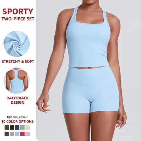 Damen Yoga Outfits Racerback Tank Top Und Shorts Mit Hoher Taille Fitnessstudio Workout Sportbekleidung Elastisch