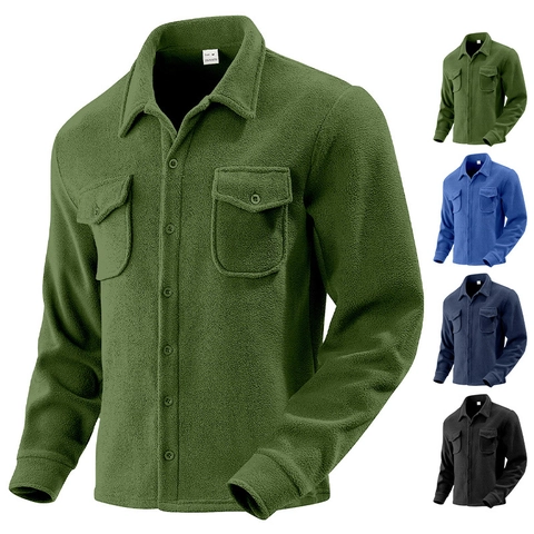Men Fleece Long Sleeve Shirt Jacket Warm Tactical Workwear Shacket Button Up Lapel Pockets