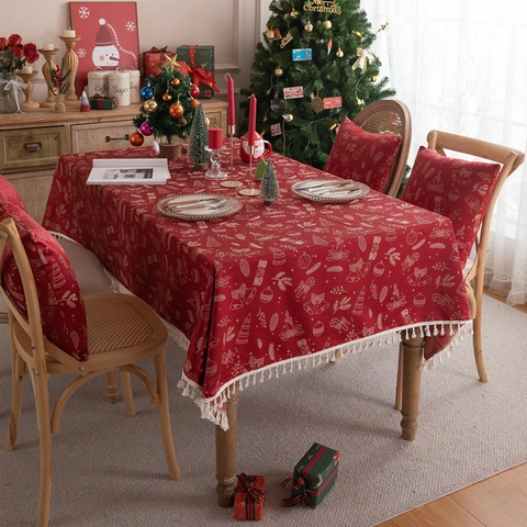 Mantel De Navidad Rojo Poliéster Jacquard Reno Copo De Nieve Estampado Con Borde De Borlas Decoración De Fiesta