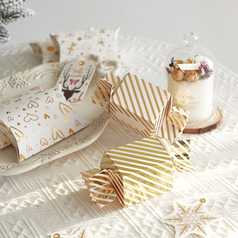 Cajas De Regalo De Navidad De Papel Con Estampado Dorado Forma Almohada Empaque Caramelos Bolsas De Fiesta Vacaciones