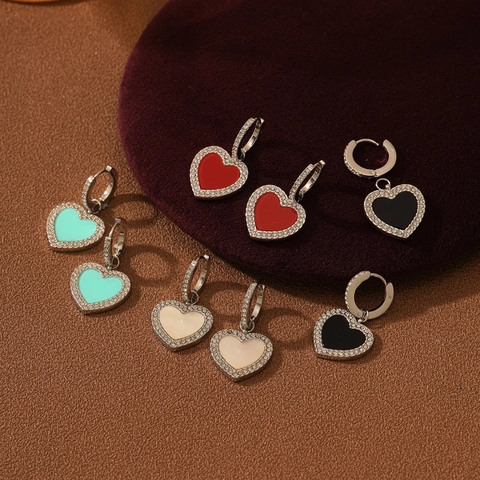 French Vintage Stainless Steel Heart Rhinestone Hoop Earrings For Women 18K Gold Plated Enamel Fashion Heart Jewelry
