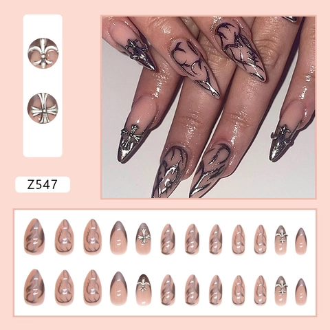 Gothic Press On Nails Mandelform Mit Silbernen Metallkreuz Und Fleur De Lis Retro Cool Girl Y2K Künstliche Nägel