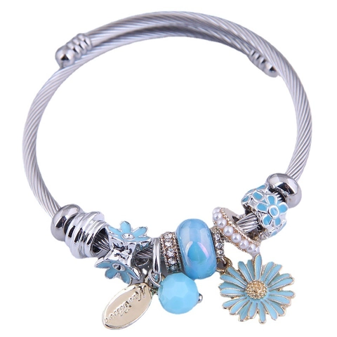 Charm Bracelet For Women Alloy Twisted Wire Adjustable Open Bangle With Enamel Flower Glass Beads Heart Key Bear Pendant