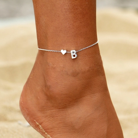 Stainless Steel Heart Initial Alphabet Anklet For Women Gold Rose Gold Silver Color Letter Charm Summer Beach Foot Jewelry