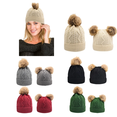 Gorro De Punto Para Mujer Acrilico Grueso Calido De Invierno Con Pompon De Piel Sintetica Desmontable Trenzado Liso
