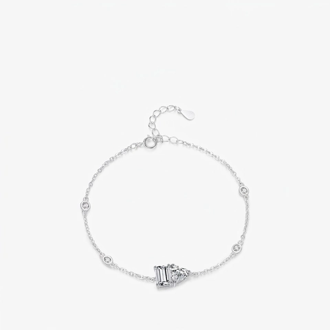 Bracciale In Argento Sterling 925 Da Donna Zirconia Cubica Taglio Smeraldo E Cuore Doppia Pietra Catena Sottile Regolabile Elegante