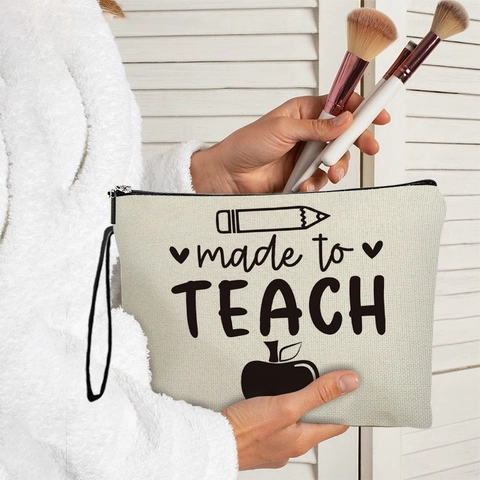 Teacher Gift Linen Makeup Bag Zipper Wristlet Pencil Letter Print Portable Toiletry Pouch Women Travel Storage Organizer