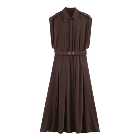 Vestido Midi Camisero Sin Mangas De Poliéster Con Cinturón Y Hombreras Color Marrón Oscuro Solapa Con Botones Estilo Safari Mujer