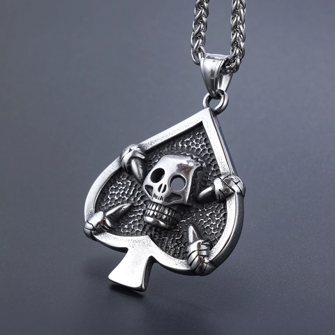 Ciondolo Collana Teschio Picche In Acciaio Inossidabile Gioielli Vintage Punk Gothic Da Uomo