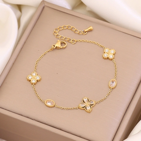 Stainless Steel Double Layer Clover Flower Bracelet With Cubic Zirconia And Artificial Pearl Elegant Jewelry For Women