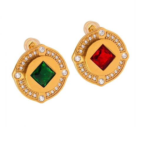Retro Titanium Staal Vergulde Paleisstijl Geometrische Ronde Oorknopjes Met Zirconia Glas Ingelegde Luxe Sieraden Voor Dames