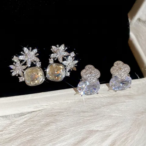 Floral Square Cubic Zirconia Earrings With Silver Earring Post Elegant Versatile Sparkling Jewelry For Women