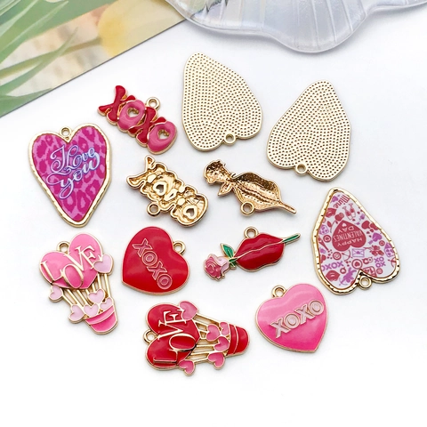 Dijes De San Valentín De Aleación De Esmalte Colgantes Forma Corazón Rosa Labios Xoxo Para Hacer Joyas Diy Pulsera Collar
