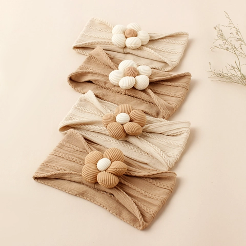 Baby Headbands Soft Nylon Cable Knit Wide Elastic Hair Band With Handmade Floral Decor For Newborn Infant Toddler Girls Forest Style