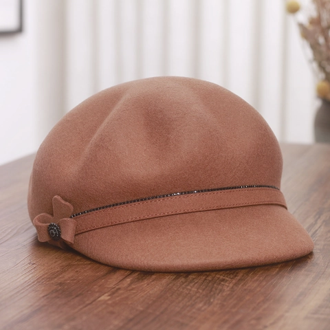 Wool Newsboy Cap Octagonal Hat With Bowknot Rhinestone Retro British Style Winter Warm