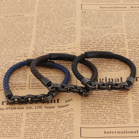 Retro Braided Leather Bracelet With Stainless Steel Chain Link And Magnetic Clasp Simple Woven Jewelry For Men