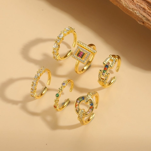 Elegante Anello Regolabile Aperto Rame Placcato Oro 14K Zirconia Cubica Colorata Gioielli Di Moda Donna