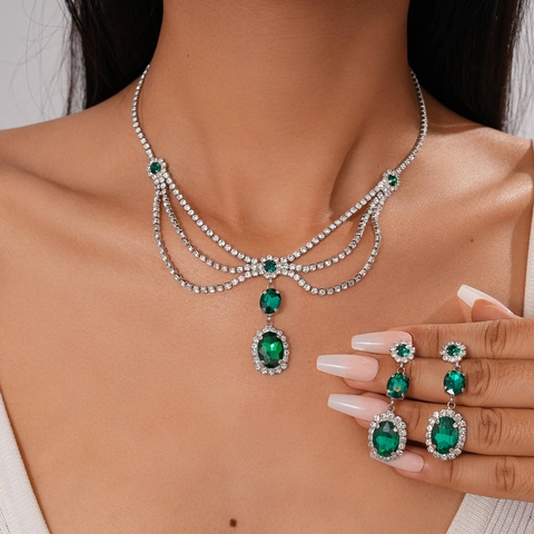 Collier Et Boucles D'oreilles À Pendentif Ovale En Zircone Verte Style Cour Vintage Avec Tige En Argent Bijoux Élégants