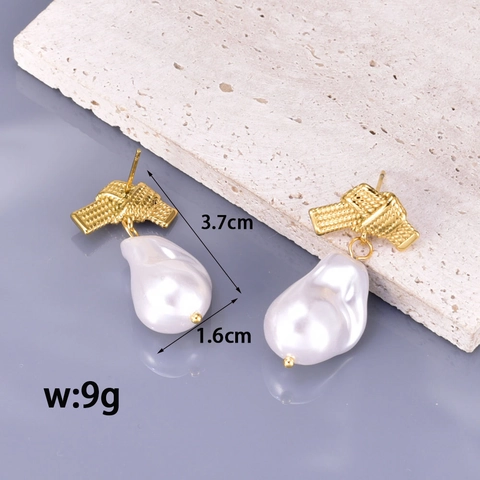 Elegant Gold Stainless Steel Artificial Pearl Drop Earrings French Vintage Baroque Irregular Pearl Knot Heart Earrings For Women