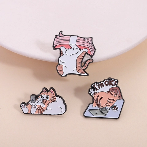 Cute Cartoon Cat Enamel Brooch Funny Working Kitty I'm OK Laptop Cat Alloy Pins For Backpack Clothing Hat Jewelry Gift