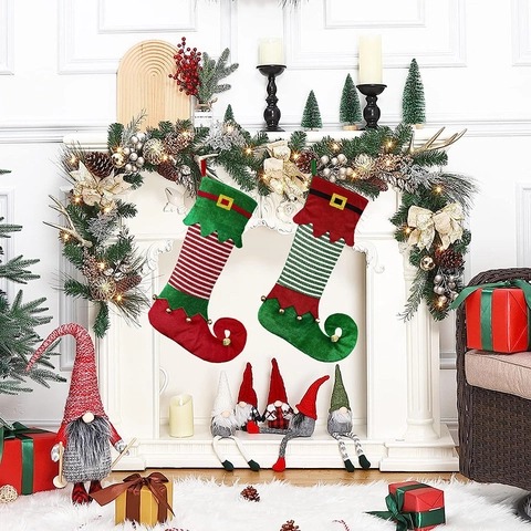Chaussette De Noël Style Botte Elfe Avec Grelots Rayures Boucle De Ceinture Décoration De Fête Sac Cadeau Cheminée