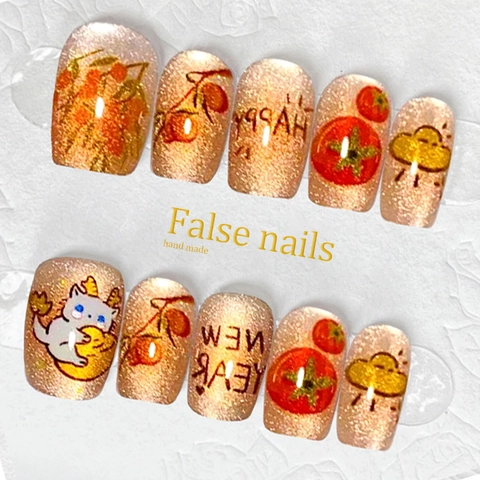 New Year Theme Cat Eye Press On Nails Cartoon Illustration Persimmon Design Cute Glossy False Nails
