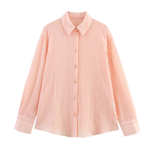 Dames Roze Getextureerd Overhemd Met Lange Mouwen Reverskraag Losse Knoopblouse Elegant Zoet Casual Topje