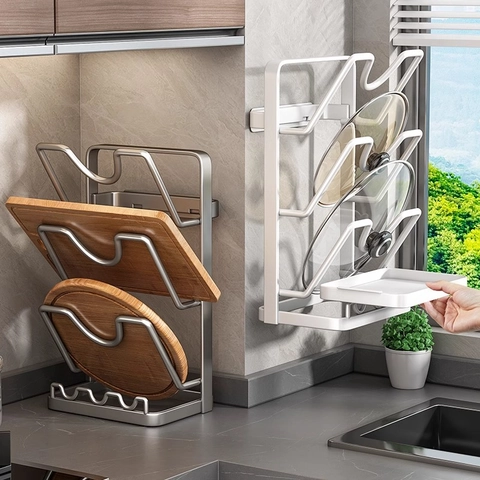 Pot Lid Holder Cutting Board Organizer Carbon Steel Wall Mounted Countertop Kitchen Storage Rack Modern Multifunctional