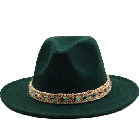 Wide Brim Fedora Hat Wool Felt Ethnic Woven Band Jazz Cap Vintage Panama Style For Men Women