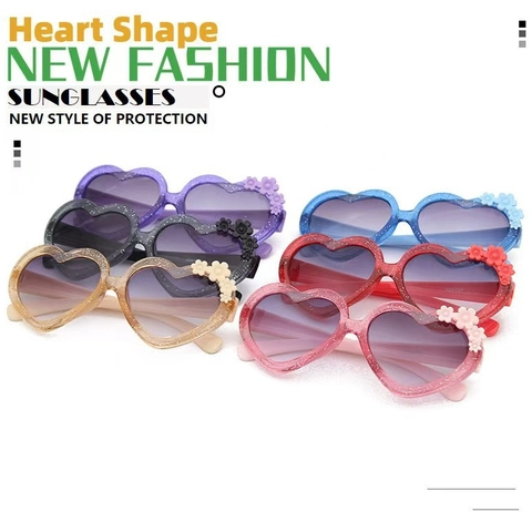 Gafas De Sol Para Niños Con Forma De Corazón Brillo Marco PC Protección UV400 Lentes Degradadas Decoración Flores 3D