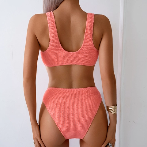Top E Slip Bikini Da Donna Vita Alta Tinta Unita Trama Increspata Scollo A V Costume Da Bagno Schiena Scoperta