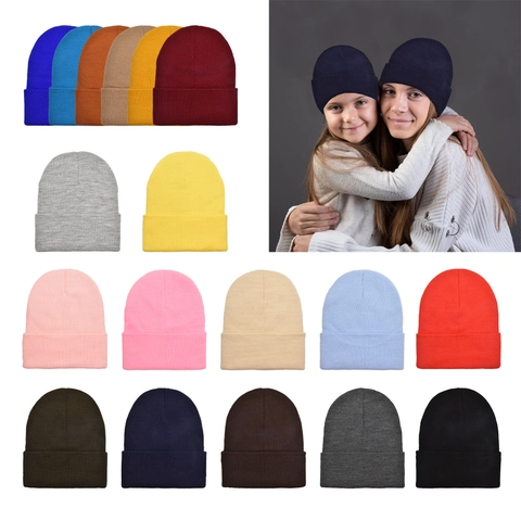 Winter Beanie Hat Warm Acrylic Knit Cap Solid Color Ribbed Cuffed For Adult Children Outdoor Minimalist Versatile