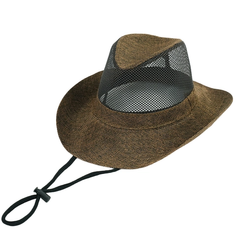 Men Western Cowboy Hat Breathable Mesh Woven Wide Brim Sun Protection Adjustable Drawstring Outdoor Summer