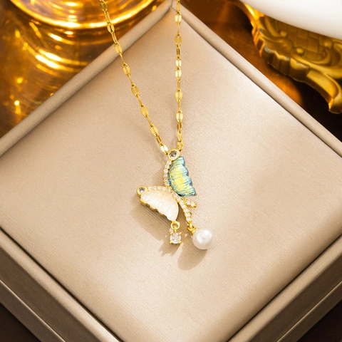 Collar Con Colgante De Mariposa Acero Inoxidable Nácar Irisado Circonita Asimétrica Joyería Elegante Para Mujer