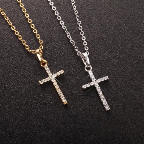 Alloy Cross Pendant Necklace Cubic Zirconia Hip Hop Punk Style Jewelry Unisex Accessories
