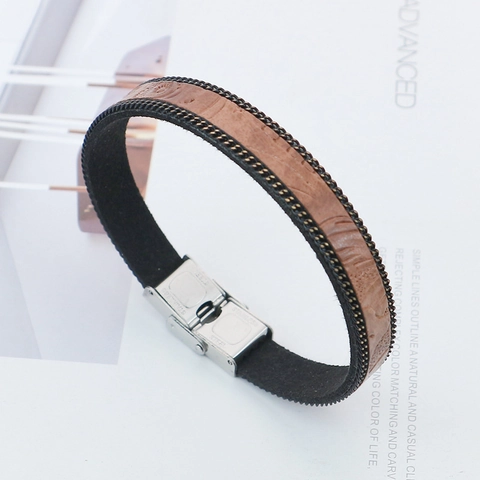 Herren PU Lederarmband Mit Edelstahlverschluss Geprägtes Streifenmuster Metallkettenkante Retro Punk Stil Armband