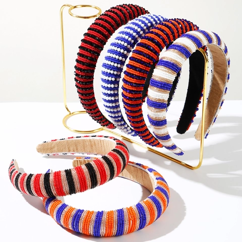 Handmade Beaded Padded Headband Bohemian Striped Color Block High Crown Hair Accessory For Women Fashion